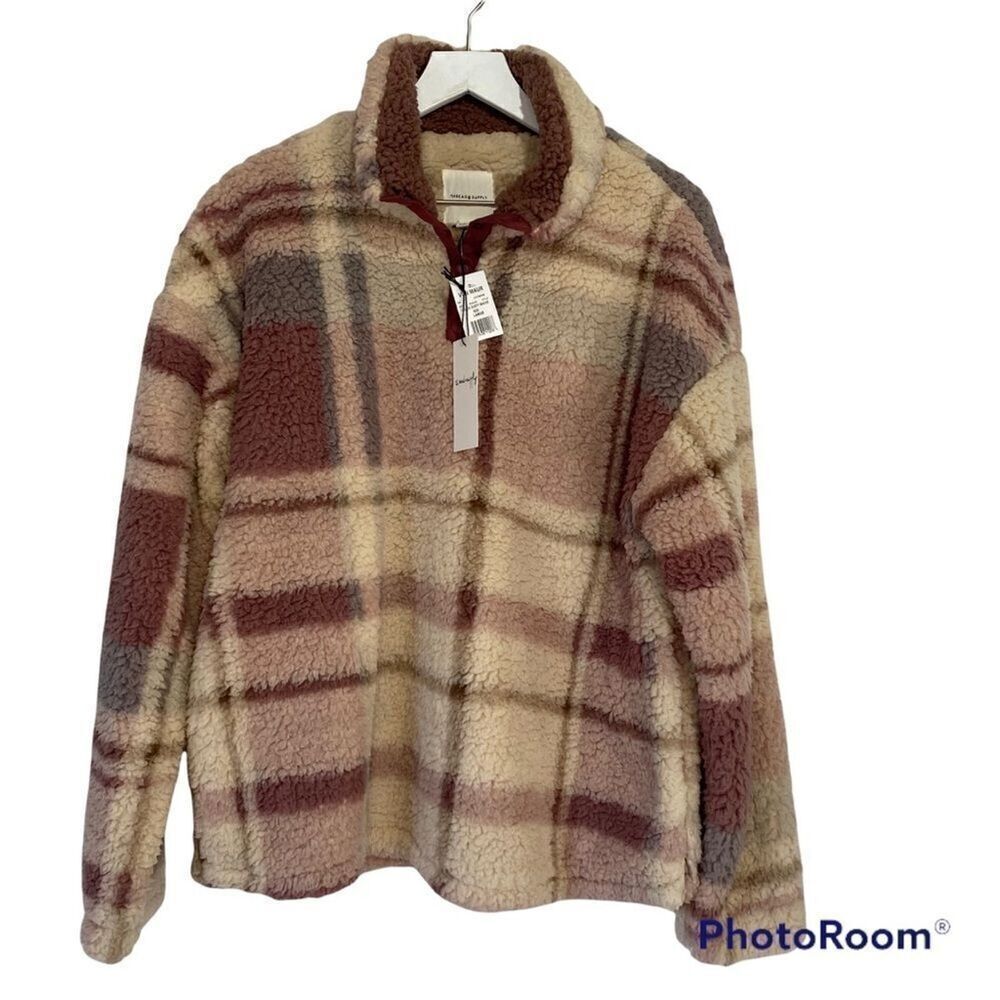 NWT Thread & Supply Plaid Sherpa Pullover size Large 1/4 Snap Cozy Jacket Top